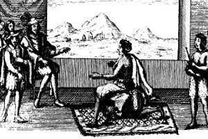 Queen Nzinga in 1657 peace negotiations with the Portuguese governor in Luanda, [Public domain], via Wikimedia Commons