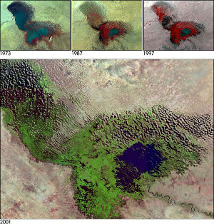 Lake Chad shrinking, images courtesy NASA GSFC Scientific Visualization Studio and Landsat 7 Proj, via Wikimedia Commons