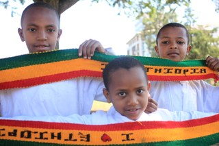 Boys holding 'I love Ethiopia' banner Boys holding 'I love Ethiopia' banner